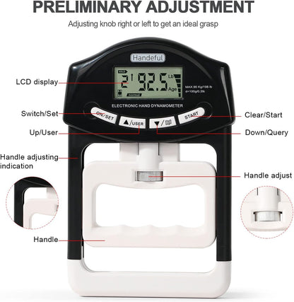 Grip Strength Tester Trainer - Dynamometer Handgrip Measurer Meter, Handheld Strengthener Exerciser for Sports, School, and Home Use (198Lbs / 90Kgs)